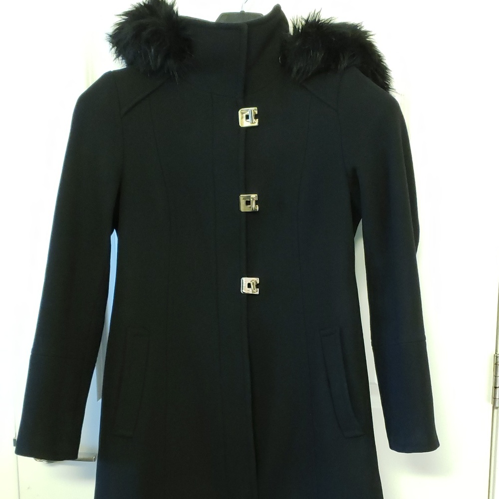 Calvin Klein Black Wool and Faux Fur Coat